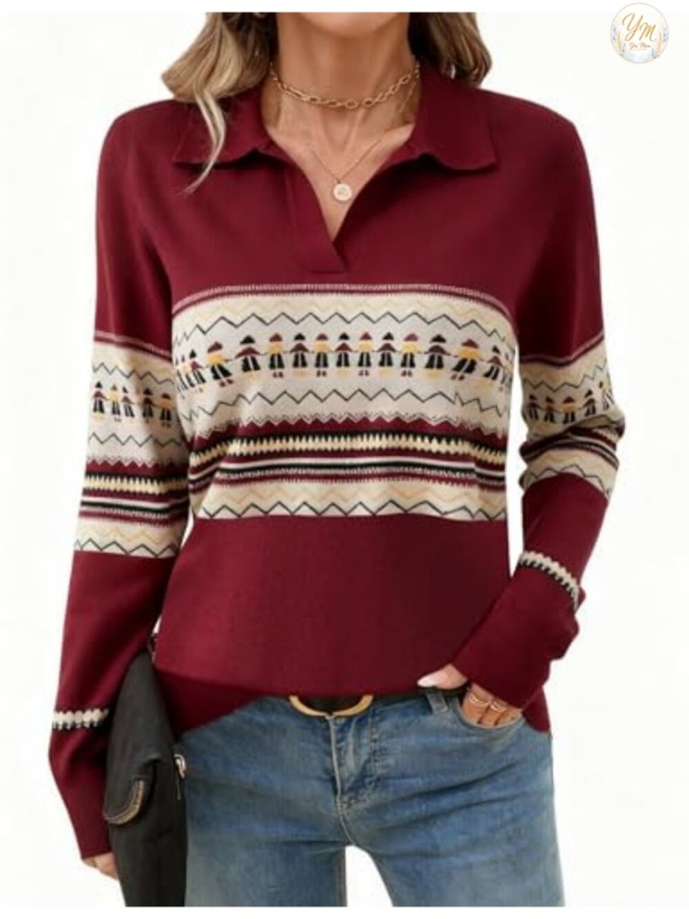 Women's Knitted V-Neck Polo Sweater Long Sleeve Pullover